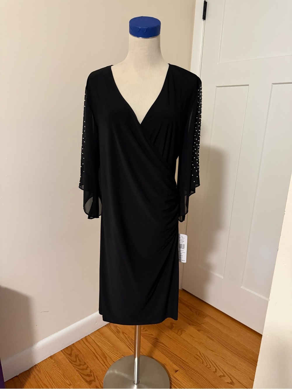 MSK Black V-Neck Midi Dress with Embellished Sheer Sleeves